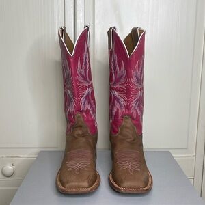 JUSTIN Ladies Bent Rail Western Boot in Tan Vintage Cowhide Pink Shaft Size 8